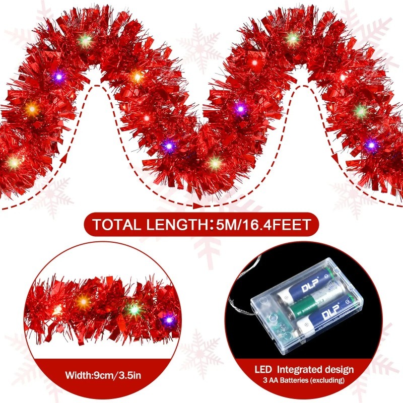 Tinsel Garland Decoration - Battery Powered Christmas Tinsel Lights 5M