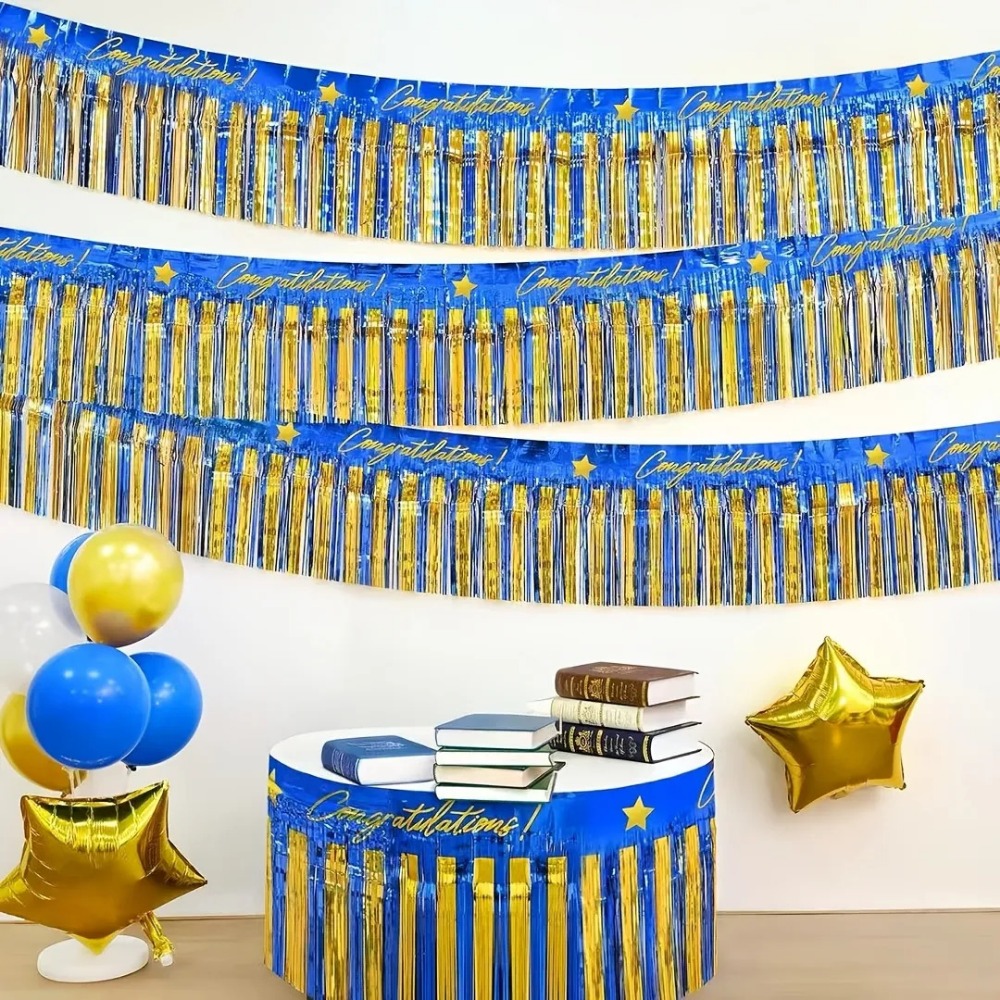 Tinsel Garland Decoration - 3Pcs Blue Gold Foil Fringe Garland,