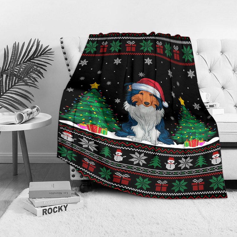 Santa Hat Plush - Dog Lover Christmas Fleece Blanket, Collie