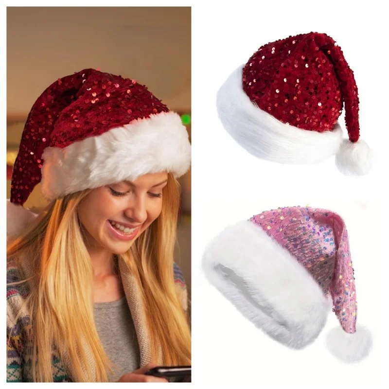 Santa Hat Plush - Double-Layer Sequin Christmas Hat Plush Santa