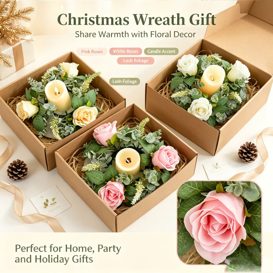 Christmas Wreath Fake - Artificial Rose Wreath Shaped Candlestick Floral