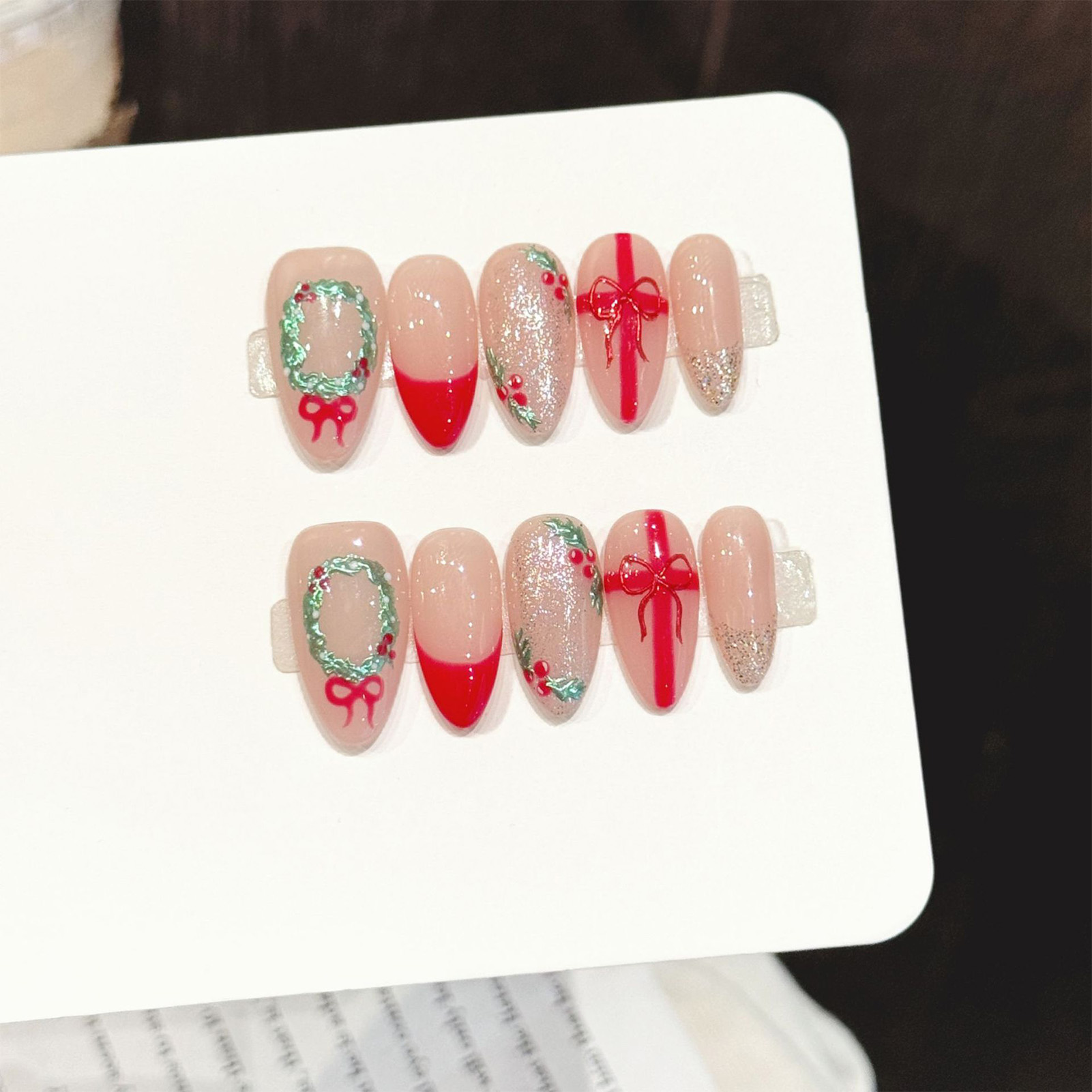 Almond Shape Press On Nails Ch - Christmas Wreath Fake ulasan dan harga