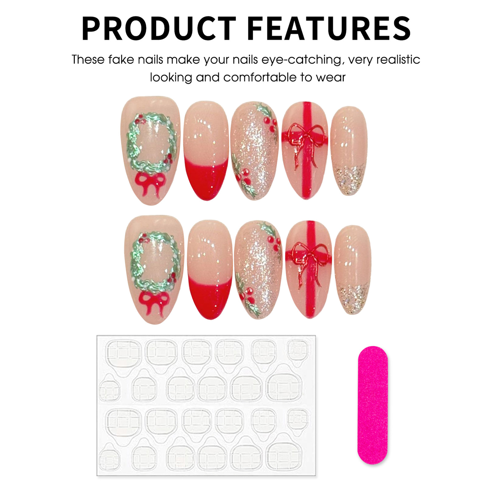 Almond Shape Press On Nails Ch - Christmas Wreath Fake ulasan dan harga